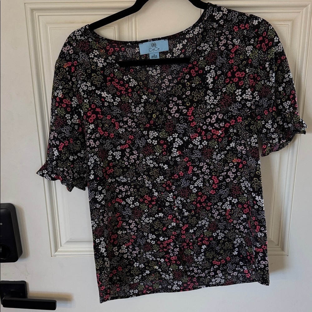 CeCe Black Floral Short Sleeve Blouse with Pink and White Flowers